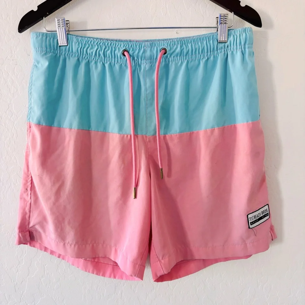 Beach Bros‎ Pink Blue Surf Shop Swim Shorts Size Medium Colorblock Lined
